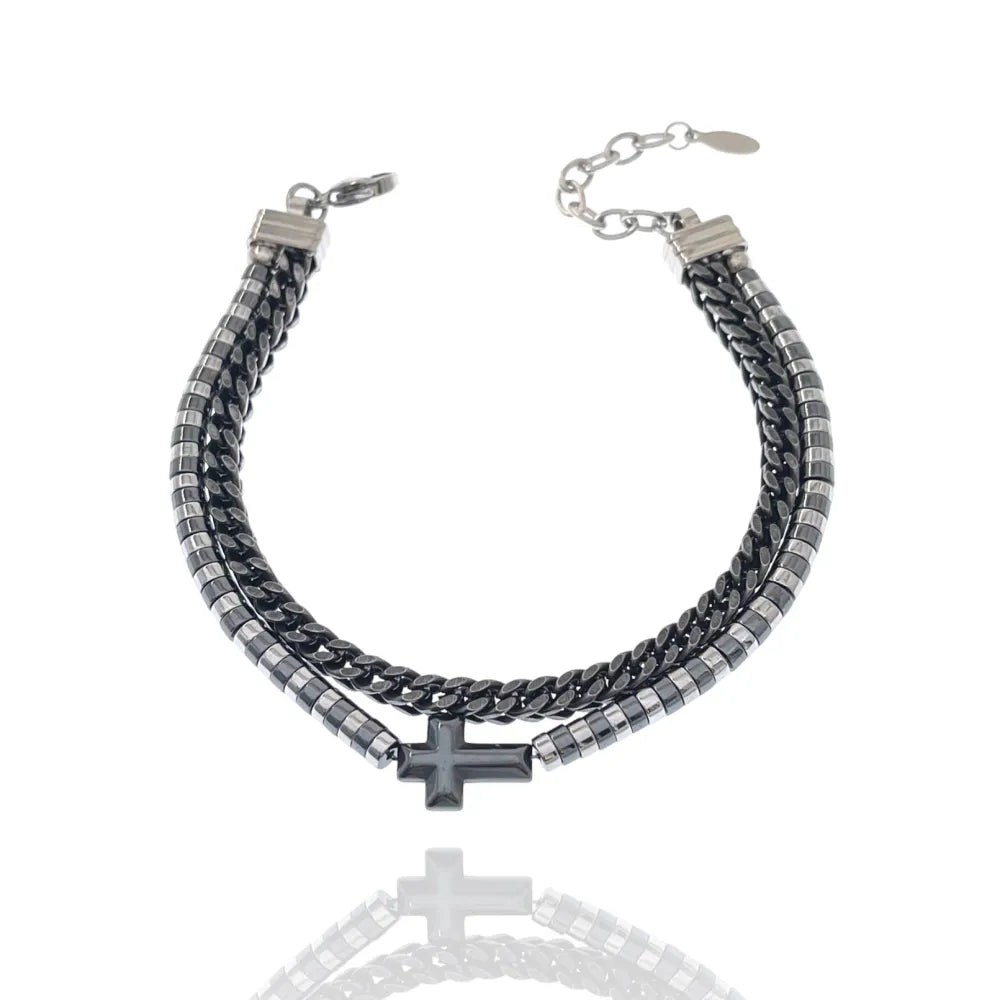 BAU-500-BMS30138 Doppio Catena e Croce-Bracciale in Acciaio da Uomo