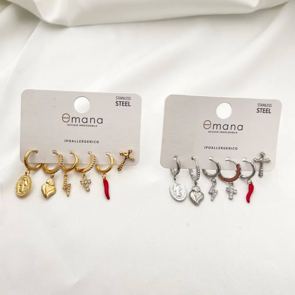 OPA-103-AA3332E Croce Sacro Cuore Cornino-Set 6pz Orecchini in Acciaio