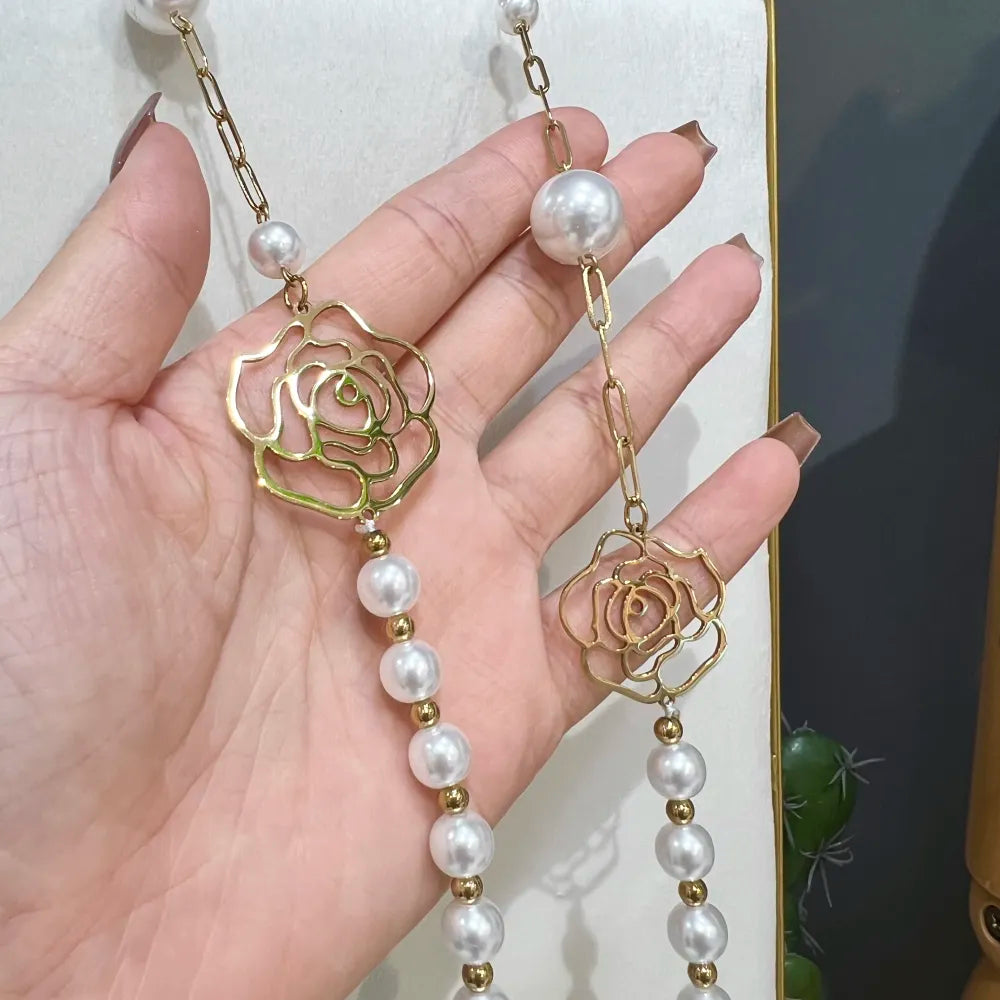 CAL-759-31 Perla con Fiore-Collana Lunga  in Acciaio