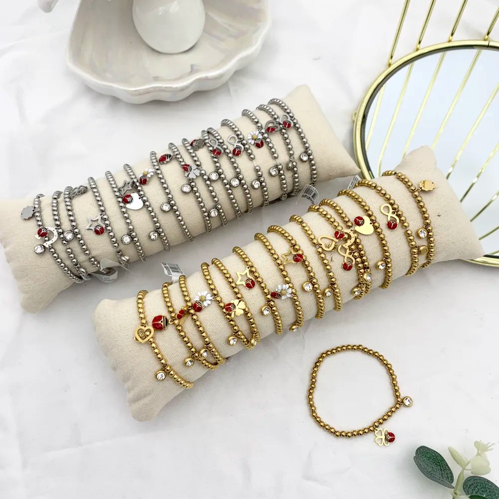 BPA-103-AA3670-3678B Mix Soggetti con Coccinella-15pz Bracciali Elastici in Acciaio