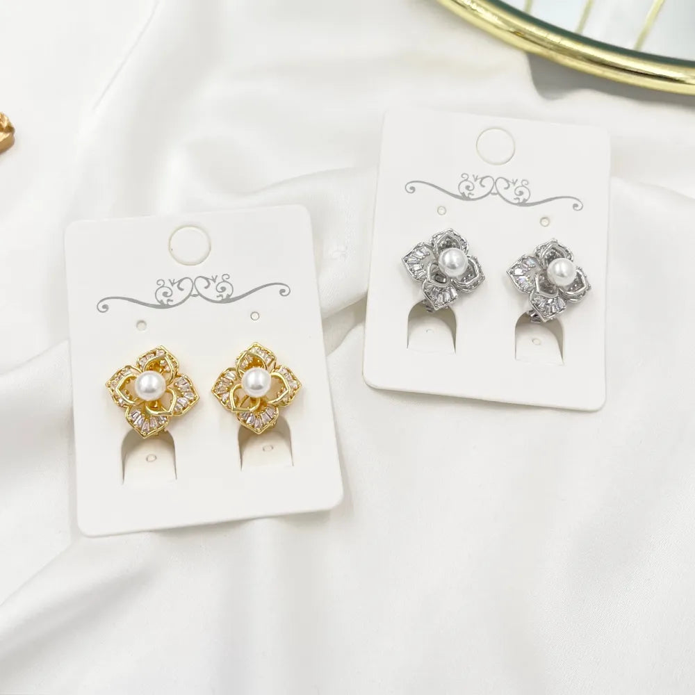 OMK-493-28 Fiore con perla-Orecchini a Clip con Zirconia