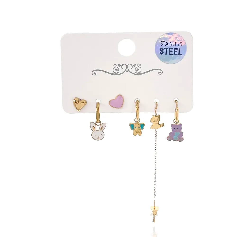 OPA-736-12 Orsetto Elefantino Coniglio Smaltato-Set 6pz Orecchini in Acciaio
