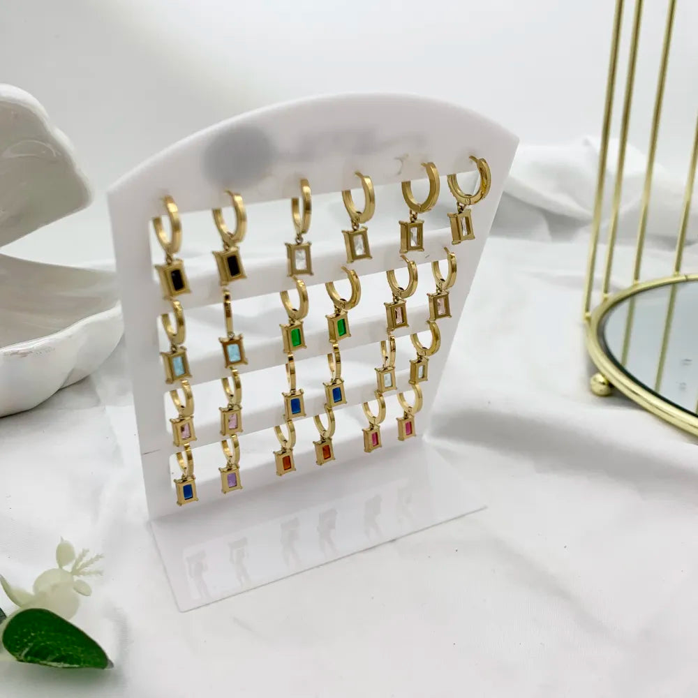 OPA-103-AA3889E Cerchio con Zirconia con Punto Luce Rettangolare-12Paia Orecchini in Acciaio