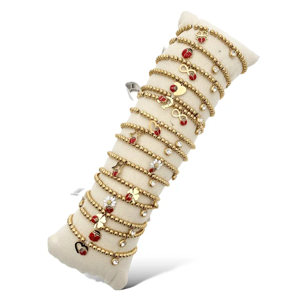 BPA-103-AA3670-3678B Mix Soggetti con Coccinella-15pz Bracciali Elastici in Acciaio
