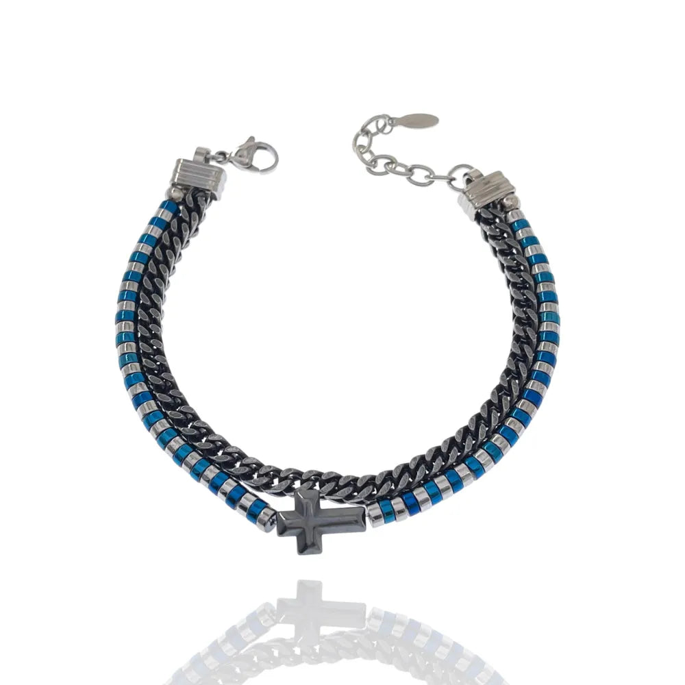 BAU-500-BMS30138 Doppio Catena e Croce-Bracciale in Acciaio da Uomo