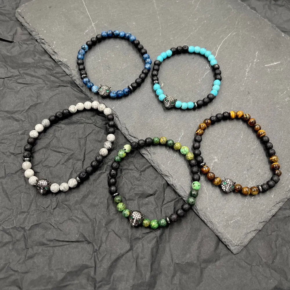 BAU-739-05 6mm Pantera-Bracciale Elastico in Acciaio da Uomo