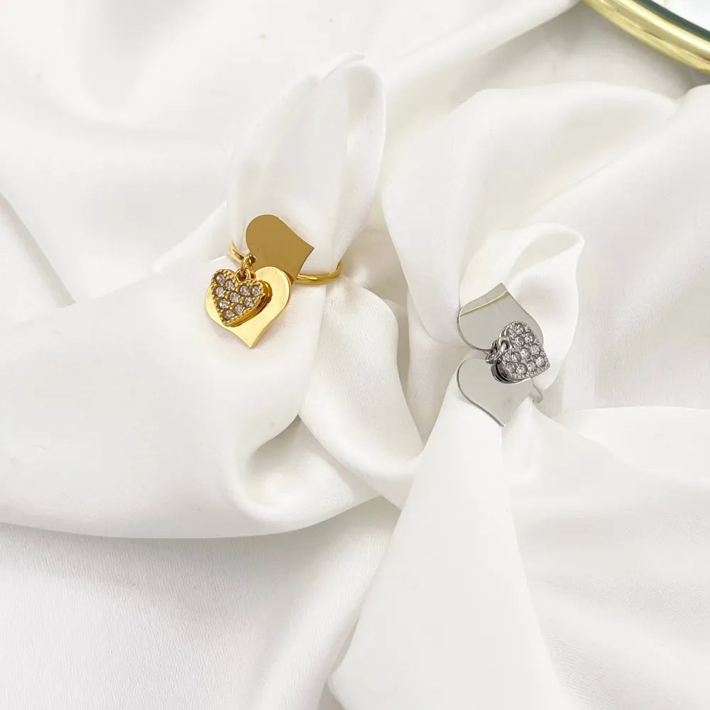 AAR-103-AA4553R Tre Cuori Pendenti con Strass-Anello Regolabile in Acciaio