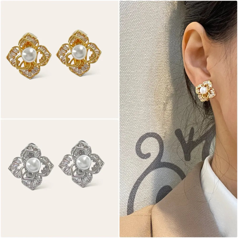 OMK-493-28 Fiore con perla-Orecchini a Clip con Zirconia