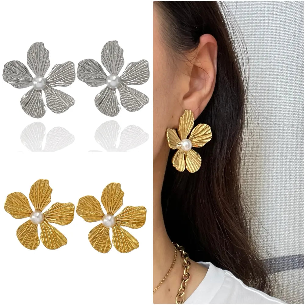 OAP-732-266 Fiore con Perla-Orecchini in Acciaio
